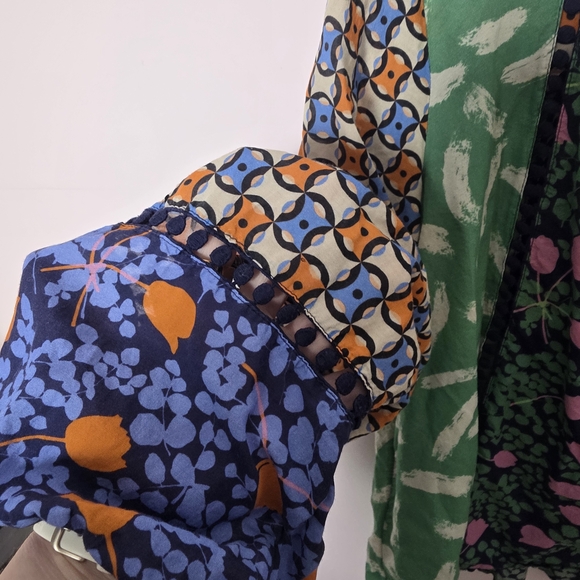 Maeve by Anthropologie Patchwork Boho Blouse Large Mixed Print Balloon Sleeve - Picture 3 of 5